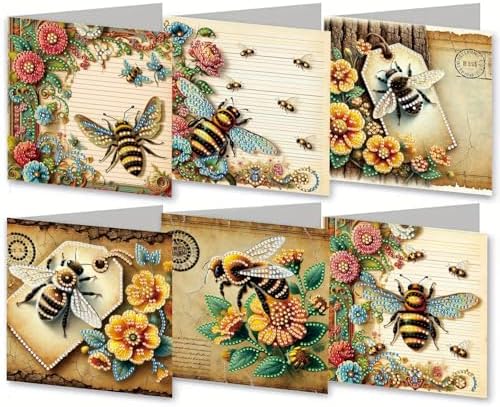 6Pcs Folding Greeting Card Diamond Art Painting Thank You Blessing Cards with White Envelope Rhinestones Painted Making Kits for Adults DIY Craft Holiday Gift-Bee by ARTopet