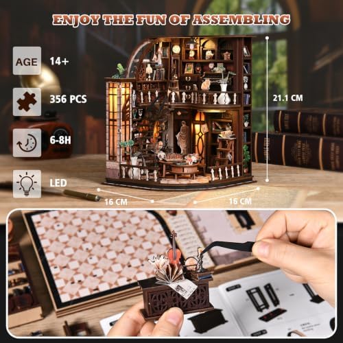 Bacchus Bookstore Book Nook Kit for Adults, 3D Wooden Puzzle DIY Miniature House with Touch LED Light, Bookshelf Decor Craft Gift for Book Lovers - Image 4