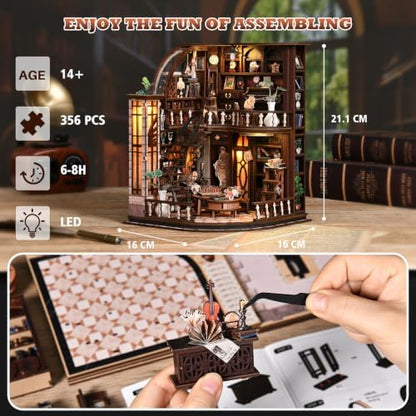 Bacchus Bookstore Book Nook Kit for Adults, 3D Wooden Puzzle DIY Miniature House with Touch LED Light, Bookshelf Decor Craft Gift for Book Lovers - Image 4