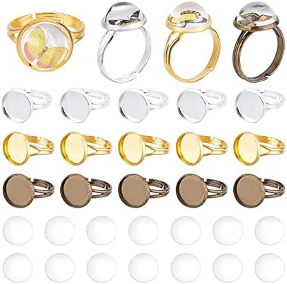 SUNNYCLUE DIY 1 Box 60Pcs Adjustable Ring Base Cabochon Rings Making Kit 30Pcs Finger Rings Blanks Blank Ring Bases Tray 30Pcs 12mm Flat Round Glass Cabochons for Jewelry Making Kits Crafts Supplies by SUNNYCLUE