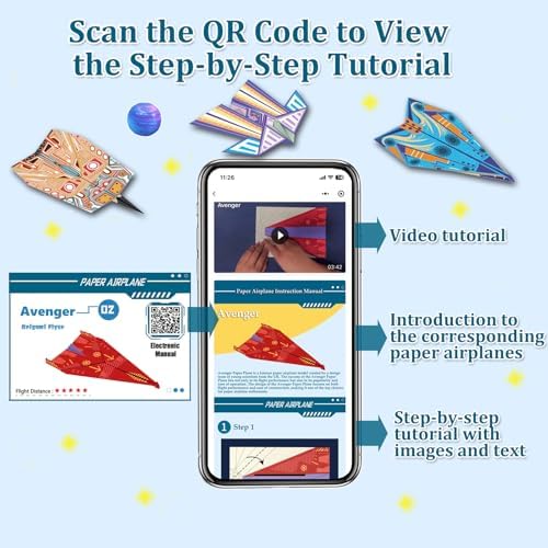 Paper Airplane Kits with 16 Classic Designs, 32 Sheets of Colorful Origami Paper, World Record Paper Planes, Craft Kit for Kids, Airplane Gifts for Boys and Girls Ages 6-12+ (Digital Manual Only) - Image 4