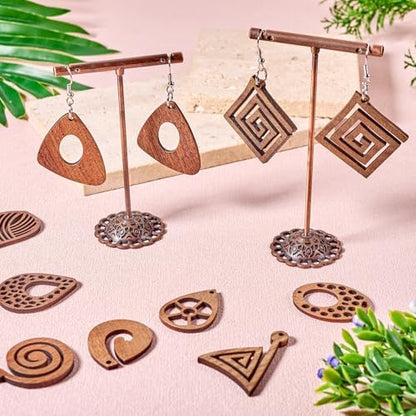 11 Pairs Wooden Dangle Earring Set Wooden Dangle Charms Teardrop Oval Rhombus Triangle Wood Earring Blanks with Hooks Unfinished Wood Pendants for Bohemian Jewelry - Image 3