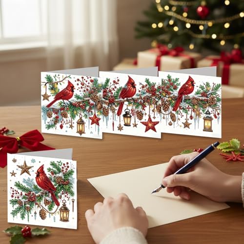 jinglinhh 6pcs Diamond Art Painting Christmas Cardinal Lantern Greeting Cards with Envelopes, DIY Card Making Kits for Adults, Diamond Art Christmas Cards for Birthday Holiday Postcards - Image 5