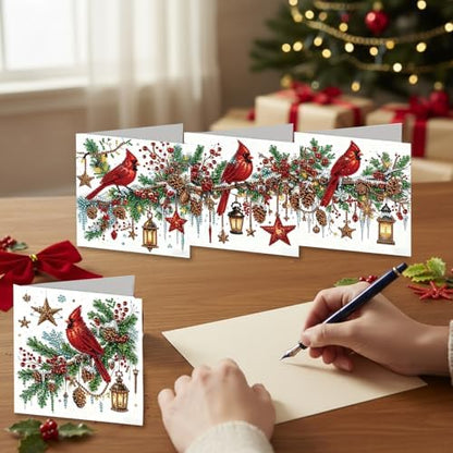 jinglinhh 6pcs Diamond Art Painting Christmas Cardinal Lantern Greeting Cards with Envelopes, DIY Card Making Kits for Adults, Diamond Art Christmas Cards for Birthday Holiday Postcards - Image 5