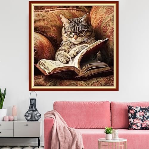 Redxing Stamped Cross Stitch Kits Embroidery kit for Beginners Adults Full Range of Embroidery Patterns Starter Kits DIY Printed Cross Stitch Kits Needlepoint Kits 11CT-Cat Reading 18x18 inchs - Image 2