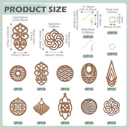 Elecrelive 10 Pairs Wooden Dangle Earring Making Kit Teardrop Oval Flower Leaf Shapes Natural Wood Earring Blanks with Hooks for DIY Craft Jewelry Making - Image 5