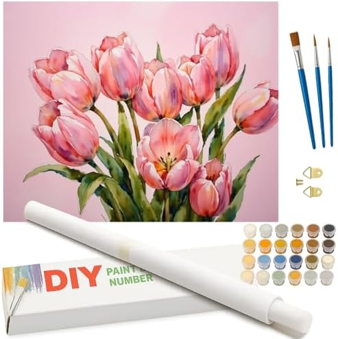 Floral Art Paint by Numbers Kit for Adults - DIY Pink Tulips Bouquet Painting on Rolled Canvas 16x20 Inches, Acrylic Paint Set, Suitable for Beginners, Flower Art for Home Decoration or Gifts by Unknown