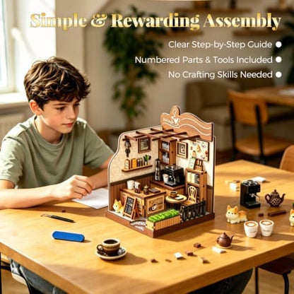 DIY Miniature House Kit for Beginners, Tiny Dollhouse Book Nook Kit Bookshelf Decor, 3D Wooden Puzzle, Gifts for Family Friends Adults Teens, Rustic Farmhouse Café - Image 4