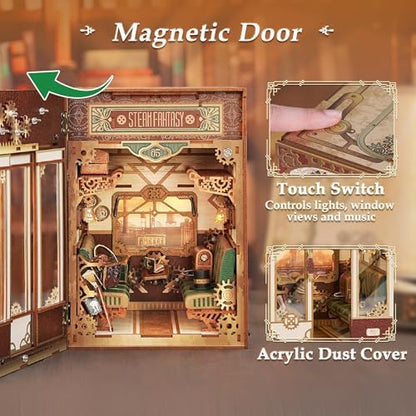 Tonecheer DIY Book Nook Kit for Adults, Miniature Infinity Train Cabin Steam Age Vintage Carriage Model, Wooden 3D Puzzle Dollhouse Booknook Decorative Bookend Gifts (Steam Fantasy) - Image 6