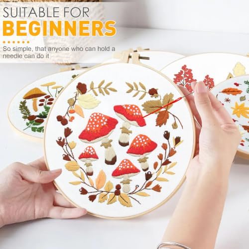 5 Sets Fall Embroidery Kit for Beginners Adults Embroidery Starter Kit Mushroom Maple Leaf Autumn Cross Stitch Kits Embroiderys Needlepoint Kits Include Instruction 2 Hoops Color Threads Needles - Image 4