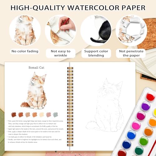 Easy Cat Watercolor Workbook for Beginners, Water Coloring Book, 18 Colors Watercolor Paint Set, 12 Patterns Watercolor Kit, Relaxing DIY Gift for Cat Lovers, Adults and Women Teen - Image 3