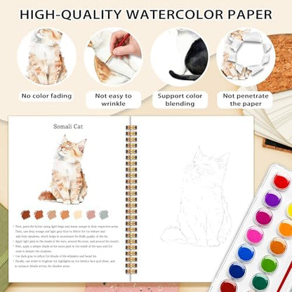 Easy Cat Watercolor Workbook for Beginners, Water Coloring Book, 18 Colors Watercolor Paint Set, 12 Patterns Watercolor Kit, Relaxing DIY Gift for Cat Lovers, Adults and Women Teen - Image 3