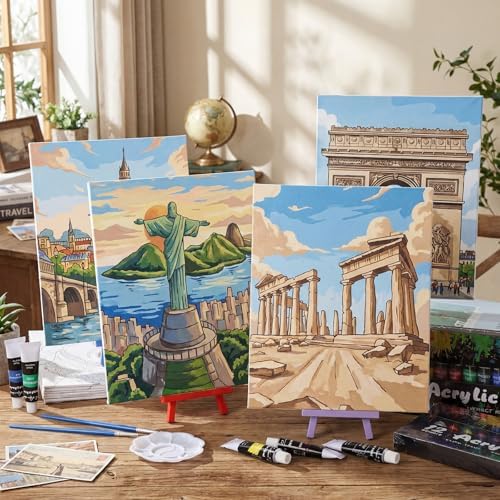 Sherr 108 Pcs Landmarks Sip and Paint Kit, Pre Drawn Canvas for Adults - Image 6