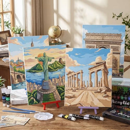 Sherr 108 Pcs Landmarks Sip and Paint Kit, Pre Drawn Canvas for Adults - Image 6