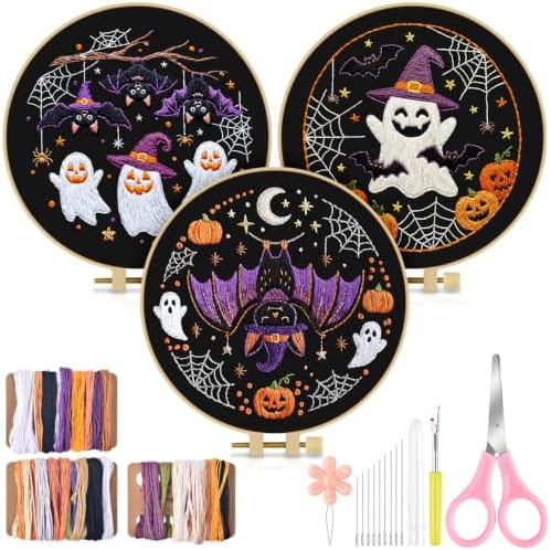 TINDTOP Halloween Embroidery Kit for Adult, 3 Pack Embroidery DIY Starter Kit, with Stamped Patterns, Hoop, Tools, Colorful Threads with Needles, Instructions by TINDTOP