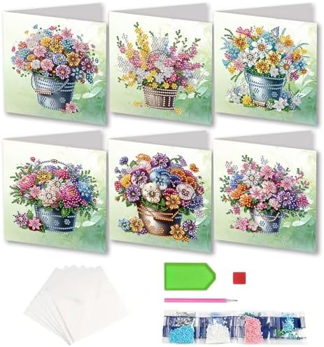 Diamond Art Painting Cards,6 Pack Gem Art Greeting Cards with Envelopes, 5D Diamond Dots Kits Birthday Cards Making Kits for Adults Family Friends Birthday Gifts(Flower Bucket) - Image 3