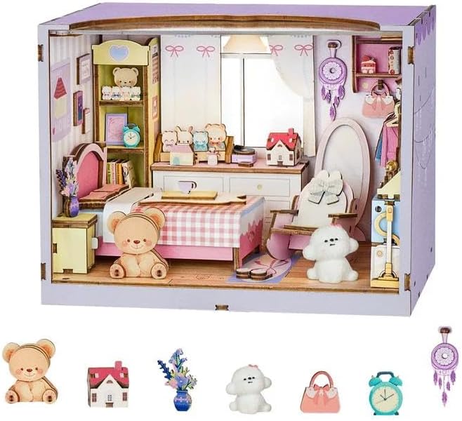 DIY Miniature House Kit-Bedroom, 3D Wooden Puzzles with LED Light by RnfinewowWoodenPuzzles