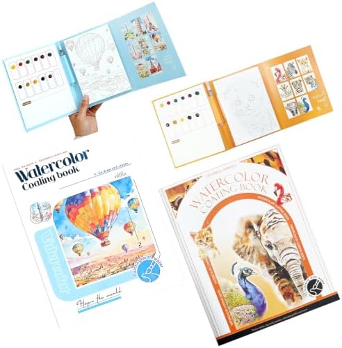 Watercolor Coloring Book for Adults, 2-Pack Watercolor Workbook Kit for Beginners with 24 Colors, 2 Water Brushes, 32 Pages, 240gsm Thick Watercolor Paper, Stress Relief Art Gift (Travel & Animal) by Unknown