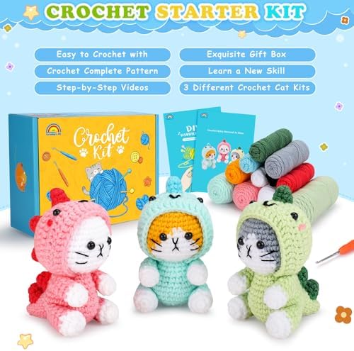 Fortuning's JDS Crochet Kit for Beginners, 3 PCS Dinosaur Cat Crochet Kits - Image 5
