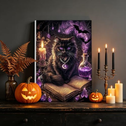 NAIMOER Halloween Paint by Numbers Kits for Adults Beginner with Wooden Framed, Black Cat Magical Color by Numbers on Canvas Painting Kits for Adults, Easy Paint DIY Acrylic for Home Decor 8X12 Inch - Image 2