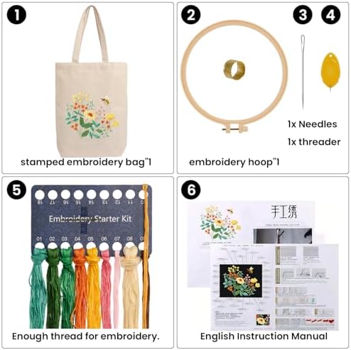 CREAWONDER Canvas Tote Bag Embroidery Kit with Pattern for Beginners, Arts and DIY Embroidery Crafts Kits for Adults, Include Instructions, Embroidery Hoops, Color Threads and Tool - Image 4