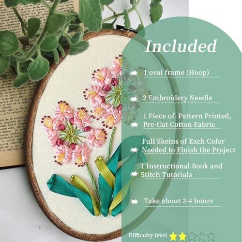 FONNUY Ribbon Embroidery 3D Flowers Pattern Design Kit Embroidery DIY Handwork Set Oval Home Decoration (Pink Crabapple) - Image 2
