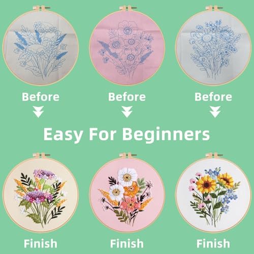 Herdiese Embroidery Kit for Beginners & Adults, 3PCS Floral Patterns. - Image 4