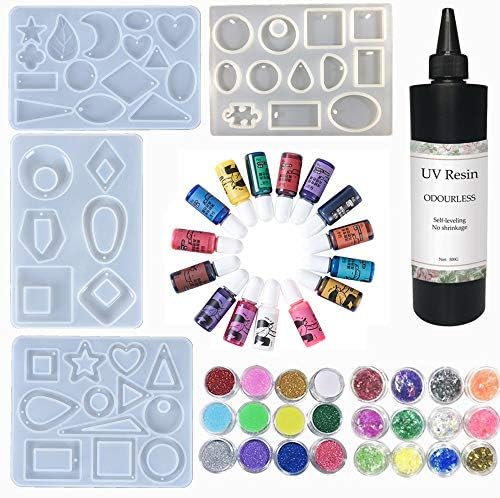 Clear UV Resin Odor Free 500g + 4 Silicone Molds for Earrings Pendants Necklaces DIY + 15 Colors Inks Liquid Pigments 12 Glitter Powder Holo Sequins 12 Glassine, Resin Crafts Jewelry Making Kit by VidaRosa