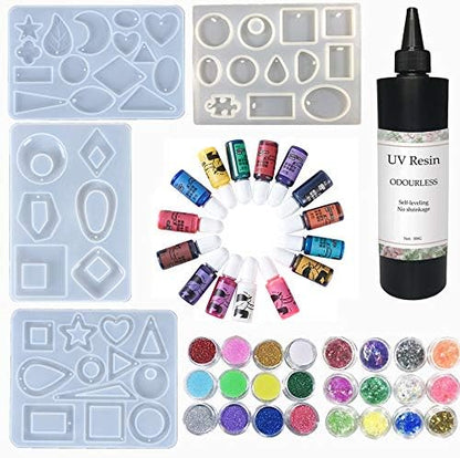 Clear UV Resin Odor Free 500g + 4 Silicone Molds for Earrings Pendants Necklaces DIY + 15 Colors Inks Liquid Pigments 12 Glitter Powder Holo Sequins 12 Glassine, Resin Crafts Jewelry Making Kit by VidaRosa