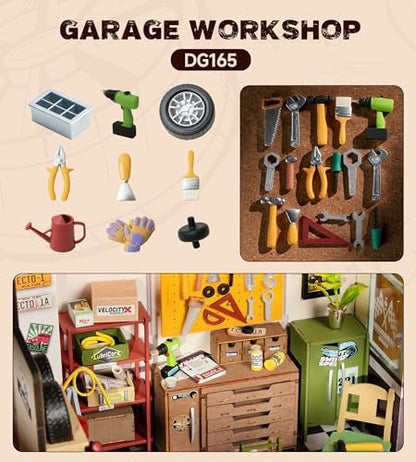 Rowood Miniature House Kit,DIY Miniature Dollhouse Craft Kits for Adults,Mini House Kits with LED,Birthday for Ages 14+(Garage Workshop) - Image 6