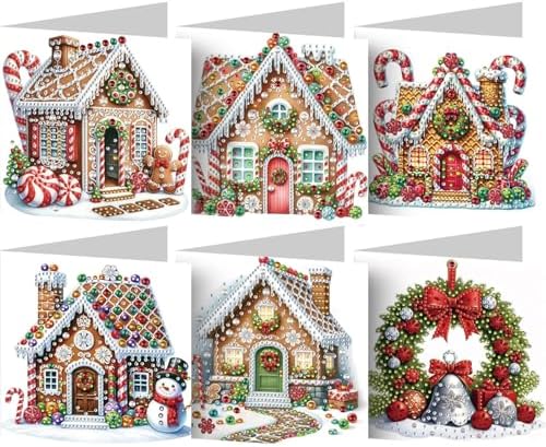 jinglinhh 6pcs Diamond Art Painting Christmas House Candy Cane Wreath Greeting Cards with Envelopes, DIY Card Making Kits for Adults, Diamond Art Postcards Christmas Cards Craft Gifts by Unknown