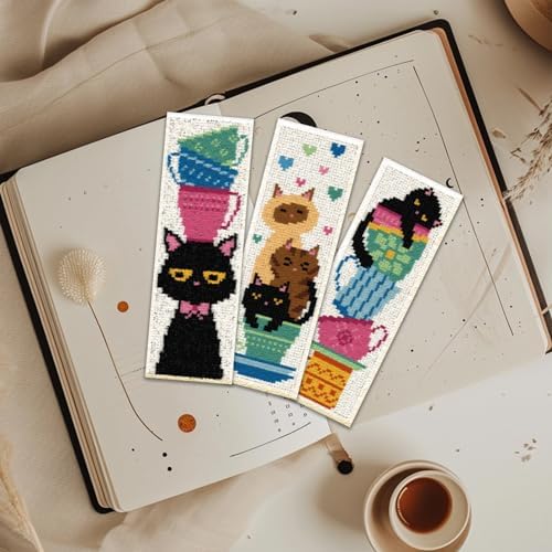 ORIGACH 6 Set Cat Teacup Cross Stitch Bookmark Kit for Beginner - Image 5