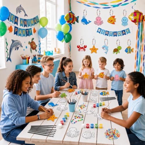 Dunzoom 30 Set Under the Sea Suncatcher DIY Craft Kit Acrylic Ocean Animals Window Art Paint Activity for Birthday Party Favors Summer Camp Classroom Activity 10 Designs Colorful Beads Paint - Image 7