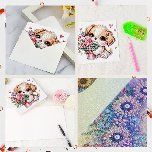 LazyFold 6 Pcs Diamond Art Painting Greeting Cards Kits, DIY Cute Puppy Handmade Festival Greeting Cards with Envelopes Diamond Art Crafts Birthday Cards Creative Valentine's Day Gift - Image 4