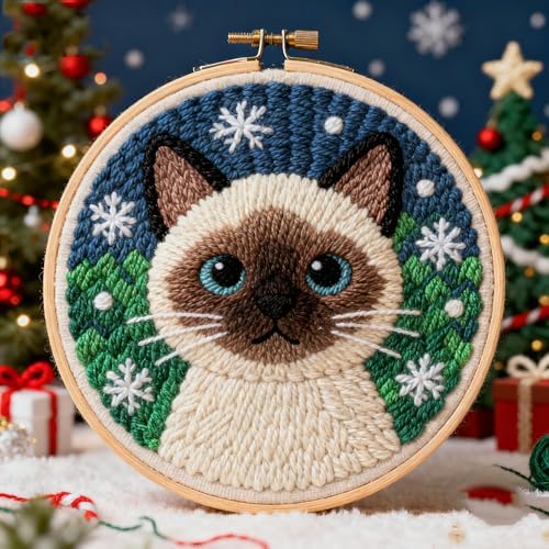 DIY Punch Needle Kits Siamese Cat Christmas 20x20cm by Unknown