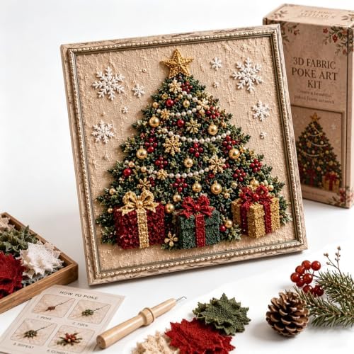 3D Christmas Fabric Art Kit with Frame, No-Sew Handmade Fabric Poke Art Kit by Unknown