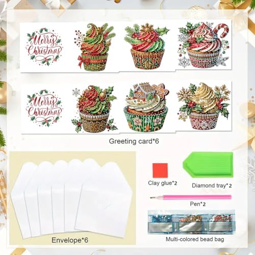 jinglinhh 6pcs Diamond Art Painting Christmas Cream Cupcakes Greeting Cards with Envelopes, DIY Card Making Kits for Adults, Diamond Art Postcards Christmas Cards Craft Gifts - Image 3