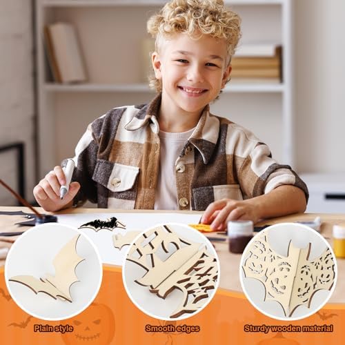 COCHIE DIY 3D Halloween Bats Wood Crafts to Paint, Paintable Unfinished Wooden Slices for Craft, Bat Cutouts Ornaments for Painting Decorations (24 PCS) - Image 3
