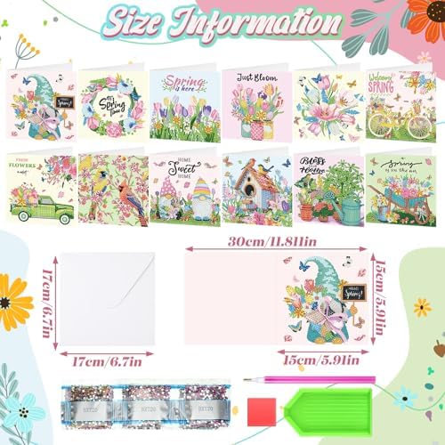 Saillong 12 Pack Spring Diamond Painting Greeting Card Kits Easter Diamond Art Cards with Envelopes Gnome Tulips Flowers 5d Rhinestones Painting Kits for Adults DIY Crafts Family Friend Spring Gifts - Image 4