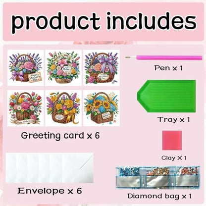 6Pcs Mother's Day Greeting Card DIY Diamond Art Painting Greeting Cards Special Shaped Diamond Blessing Folding Card Kit Arts Crafts for Holiday Festival-Flower Basket - Image 7