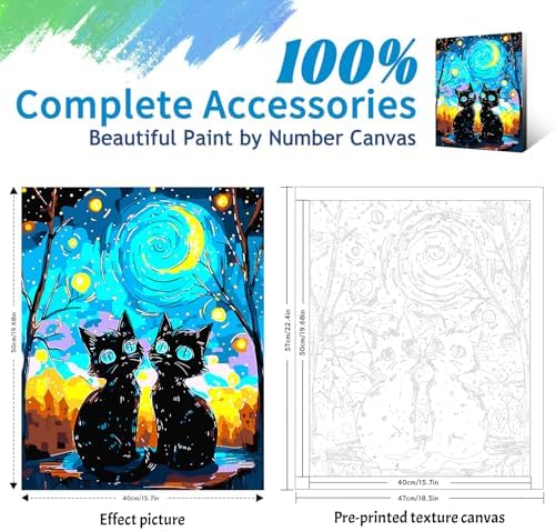 Yunnuo Paint by Numbers Kit for Adults Two Black Cat, Adult Paint by Number Kits Animals and Starry Night,DIY Paintwork with 3 Paintbrushes and Acrylic Paints,Perfect for Home Wall Decor 16x20 Inch - Image 2