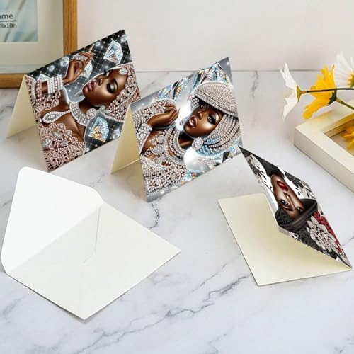 6 Pcs 5D Rhinestone Painting Greeting Cards Kits, Handmade Festival Greeting Cards with Envelopes Laser Effect DIY Diamond Art Crafts Birthday Cards for Birthdays Celebrations (Elegant African) - Image 4