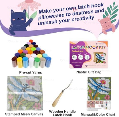 veirousa Latch Hook Kits for Adults, DIY Dragonfly Pillow & Rug Craft Kit for Beginners, Floral Handmade Yarn Art, Relaxing Home Sofa Decor Gift 17x17 Inch - Image 2