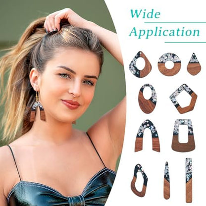 10 Pairs Wood Resin Pendants Vintage Resin Walnut Wood Charms Black Brown Sequins Charms Rectangle Oval Teardrop Wooden Dangle Earring Making Kit with Earring Hooks for Bohemian Jewelry - Image 5