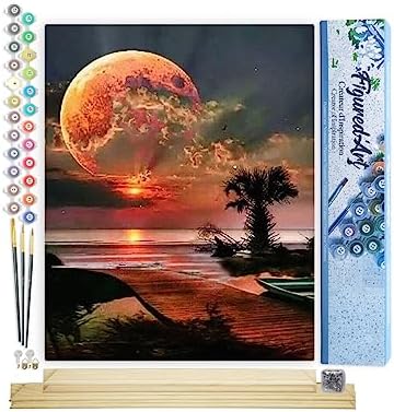 Figured'Art Paint by Numbers Kit for Adults Full Moon and Beach Front 16"x20" - Craft Art Painting Rolled Canvas with DIY Wooden Frame by FiguredArt