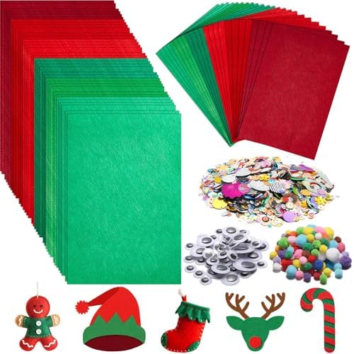 gisgfim 42Pcs Red and Green Gradient Felt Fabric Sheets 8 x 12 Inch Soft Thick Christmas Xmas Felt Pack with Wiggle Google Eye Pom Pom Glitter Patchwork Craft for DIY Sewing Creative Art Project Decor by gisgfim