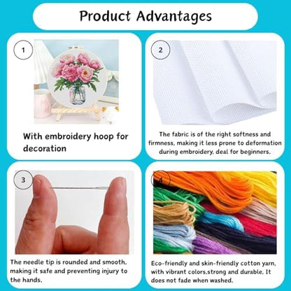 TCDZMYGS 3 Pack Stamped Cross Stitch Kits for Beginners-Flower,with Hoop - Image 4