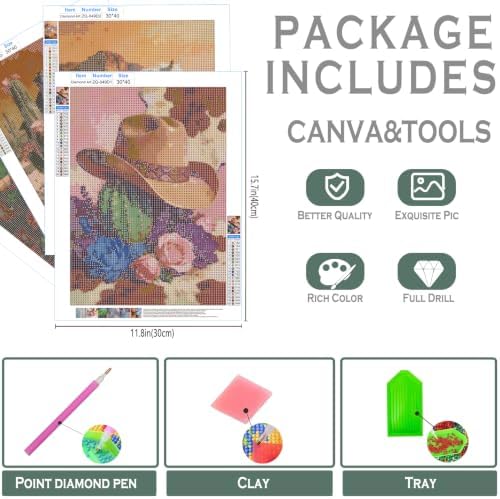 sdfkmlcdl Rustic Country Western Diamond Art Kits for Adults, Southwestern Boho Floral Cactus Horse Cow Skull Full Drill Diamond Painting Kits for Adults Beginners 4 Pack, 12x16 Inch - Image 3
