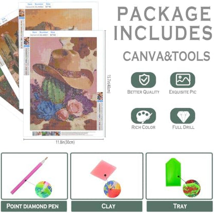 sdfkmlcdl Rustic Country Western Diamond Art Kits for Adults, Southwestern Boho Floral Cactus Horse Cow Skull Full Drill Diamond Painting Kits for Adults Beginners 4 Pack, 12x16 Inch - Image 3