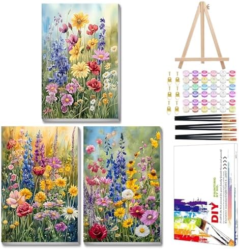 Mandun Wild Flowers Paint by Numbers Kit for Adults, 3 Pack, 7.8x11.8 inch by MANDUN